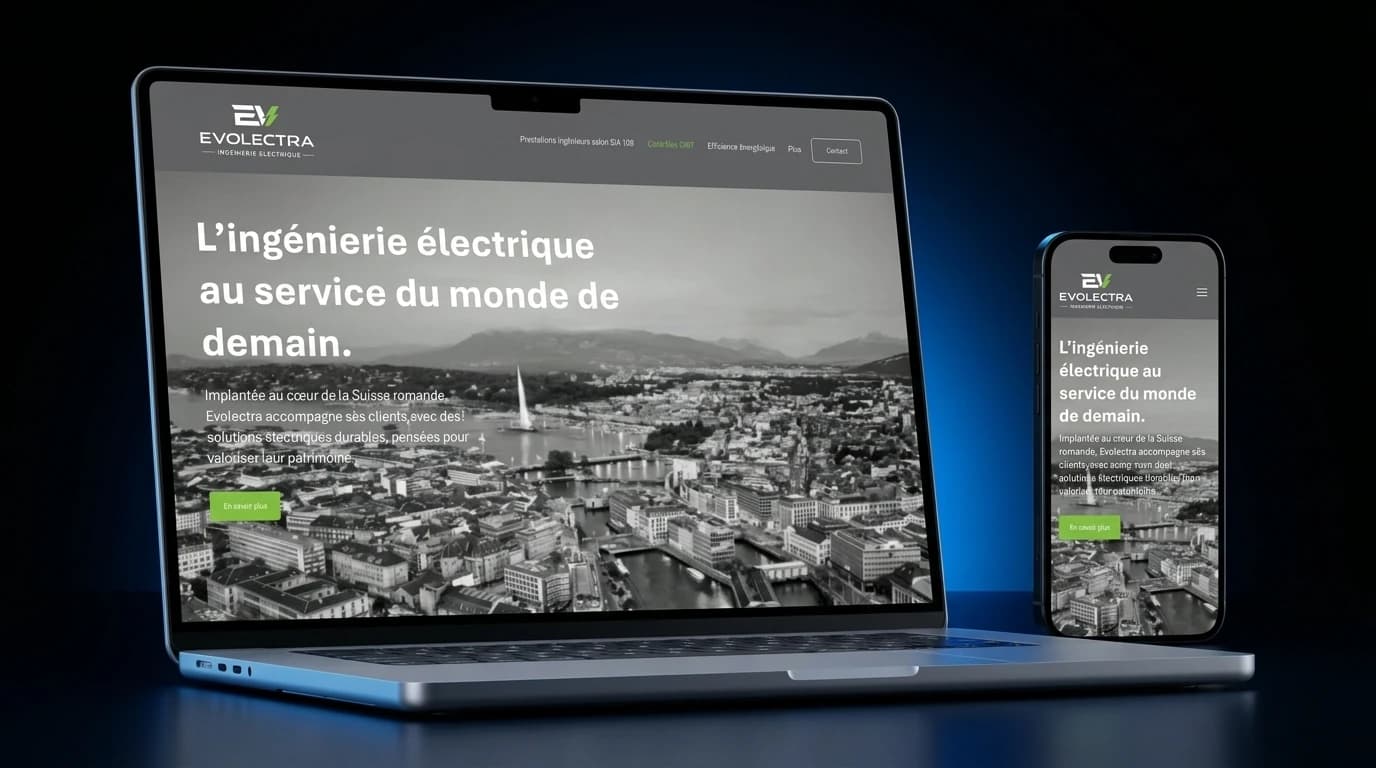 Site web de Evolectra (Ingénierie électrique · Genève) sur ordinateur et téléphone